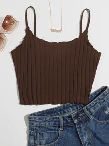 SHEIN EZwear Plus Lettuce Trim Rib-knit Cami Top - Chocolate Brown - View 1