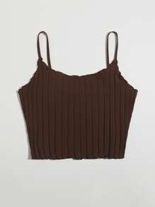 SHEIN EZwear Plus Lettuce Trim Rib-knit Cami Top - Chocolate Brown - View 3