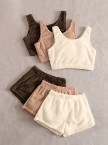 6入組素色法蘭絨背心上衣和短褲休閒服套裝 - 彩色 - 查看 2