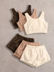 6入組素色法蘭絨背心上衣和短褲休閒服套裝 - 彩色 - 查看 4