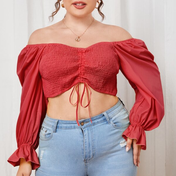 

Plus Drawstring Ruched Crop Top, Red