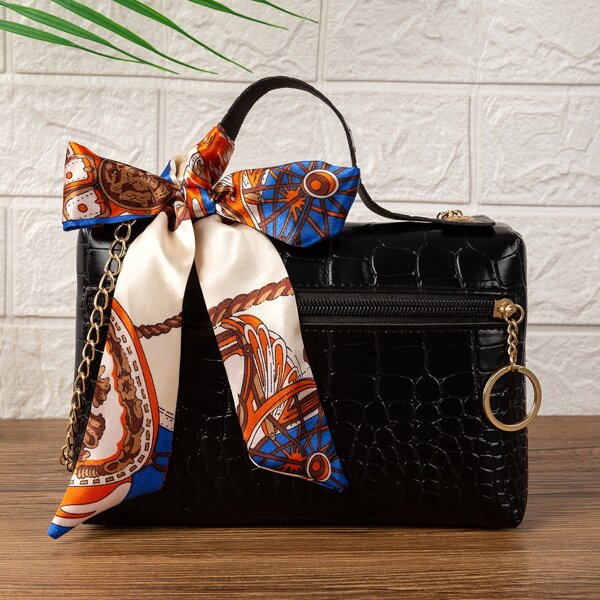 

Twilly Scarf Decor Croc Embossed Square Bag, Black