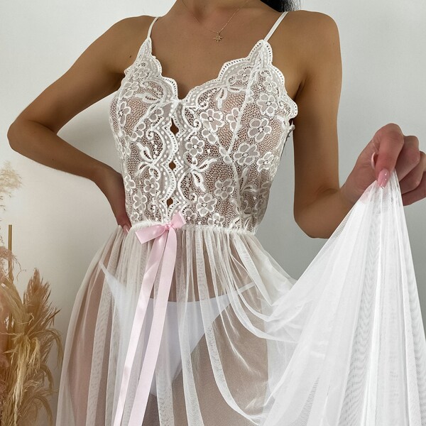 

Contrast Lace Sheer Mesh Slips, White