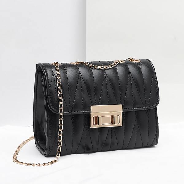 

Quilted Pattern Chain Square Bag, Black