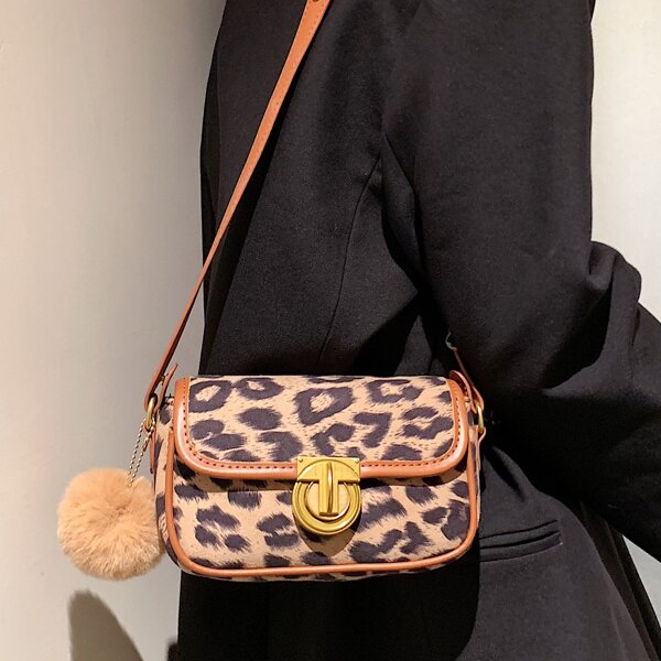 

Leopard Trim Shoulder Bag With Pom-pom Bag Charm, Multicolor