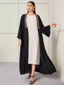 Al Najma Geo Embroidery Contrast Tape Panel Open Front Modest Long Sleeve Arabian Abaya, Robe - Black - View 1
