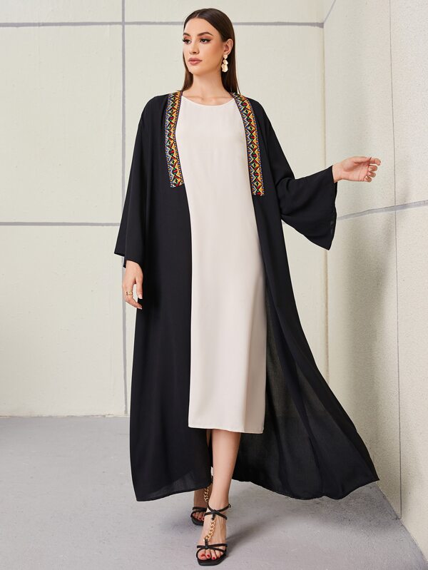 Al Najma Geo Embroidery Contrast Tape Panel Open Front Modest Long Sleeve Arabian Abaya, Robe