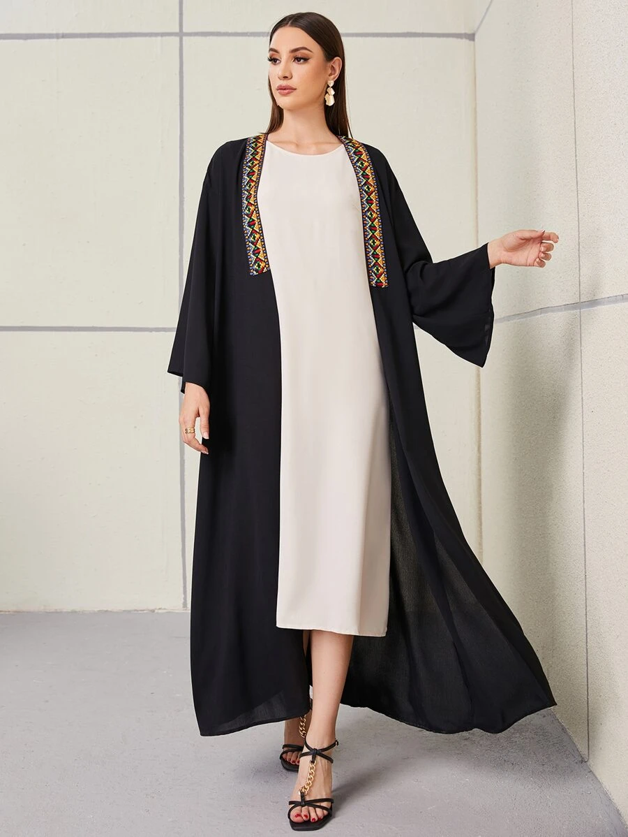 Al Najma Geo Embroidery Contrast Tape Panel Open Front Modest Long Sleeve Arabian Abaya, Robe - Black - View 1
