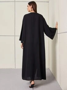 Al Najma Geo Embroidery Contrast Tape Panel Open Front Modest Long Sleeve Arabian Abaya, Robe - Black - View 2