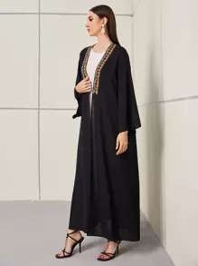 Al Najma Geo Embroidery Contrast Tape Panel Open Front Modest Long Sleeve Arabian Abaya, Robe - Black - View 3