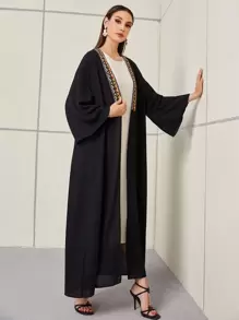 Al Najma Geo Embroidery Contrast Tape Panel Open Front Modest Long Sleeve Arabian Abaya, Robe - Black - View 4
