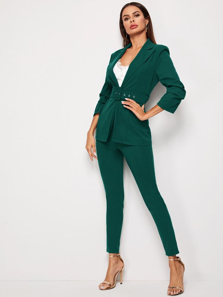SHEIN Privé Adjustable Belted Blazer & Pants Set - Dark Green - View 4