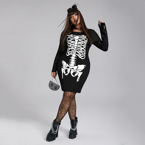 

Plus Skeleton Print Dress, Black