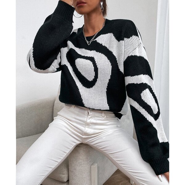 

Graphic Pattern Drop Shoulder Sweater, Black and white