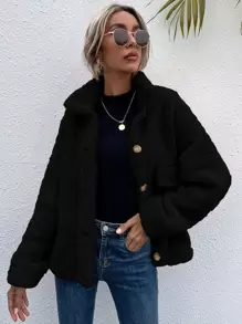 SHEIN Essnce Drop Shoulder Stand Collar Teddy Jacket - Black - View 1