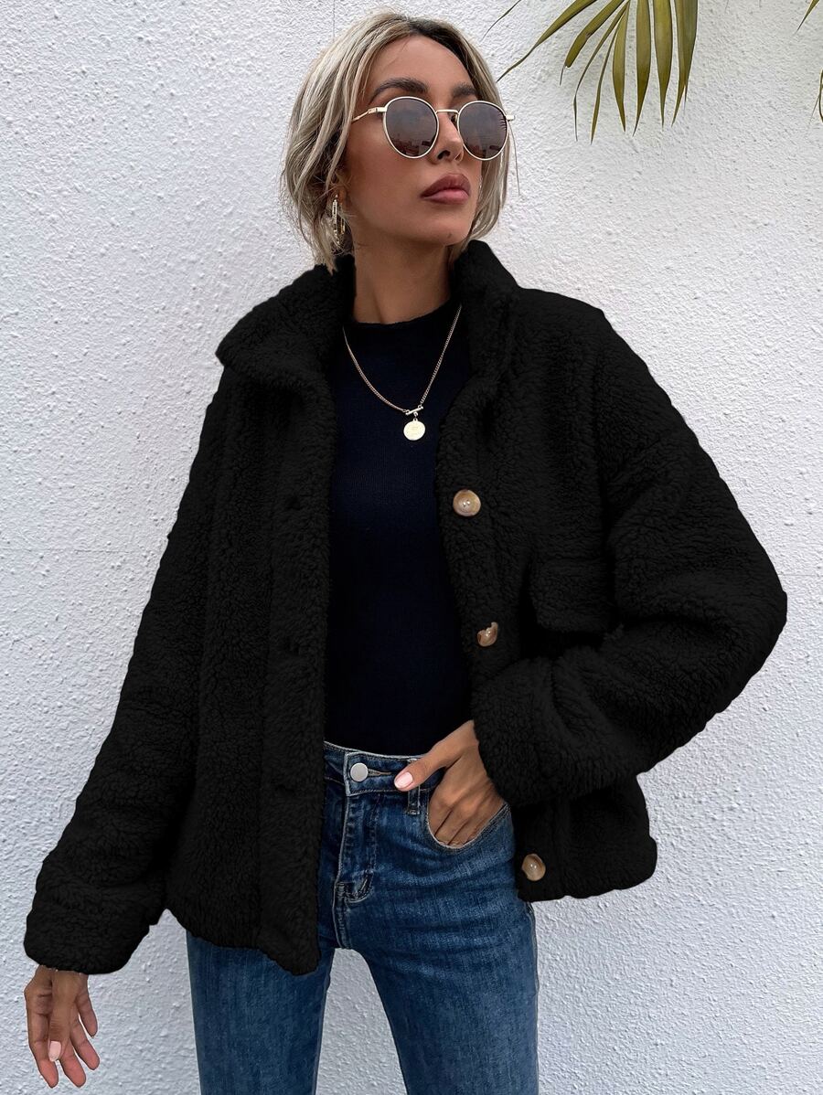 SHEIN Essnce Drop Shoulder Stand Collar Teddy Jacket - Black - View 1