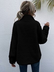 SHEIN Essnce Drop Shoulder Stand Collar Teddy Jacket - Black - View 2