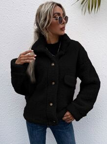 SHEIN Essnce Drop Shoulder Stand Collar Teddy Jacket - Black - View 3