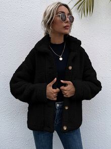 SHEIN Essnce Drop Shoulder Stand Collar Teddy Jacket - Black - View 4