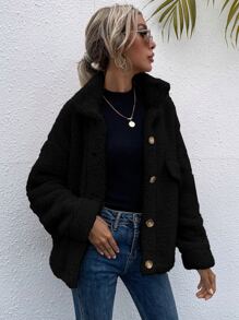 SHEIN Essnce Drop Shoulder Stand Collar Teddy Jacket - Black - View 5