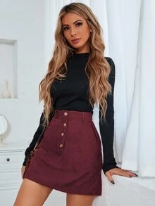 SHEIN LUNE Falda con botón con bolsillo oblicuo - Granate - Ver 5