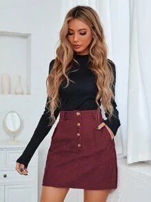 SHEIN LUNE Falda con botón con bolsillo oblicuo - Granate - Ver 6