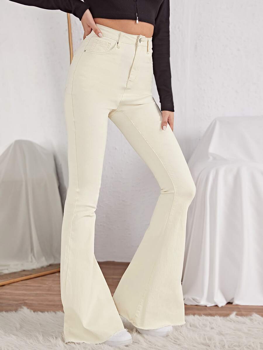Jeans de pierna amplia con puntada en contraste - Beis - Ver 1