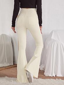 Jeans de pierna amplia con puntada en contraste - Beis - Ver 2
