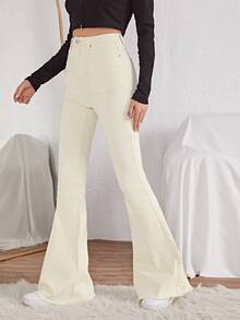 Jeans de pierna amplia con puntada en contraste - Beis - Ver 3