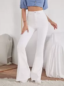 SHEIN Essnce Contrast Stitch Flare Leg Jeans - White - View 1