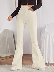 Jeans de pierna amplia con puntada en contraste - Beis - Ver 5