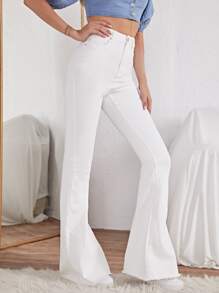 SHEIN Essnce Contrast Stitch Flare Leg Jeans - White - View 4