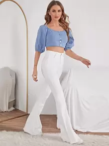SHEIN Essnce Contrast Stitch Flare Leg Jeans - White - View 5