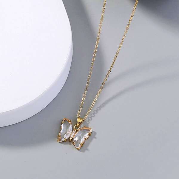 

Zircon Decor Butterfly Charm Necklace, Clear