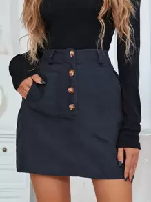 SHEIN LUNE Falda con botón con bolsillo oblicuo - Azul Marino - Ver 1