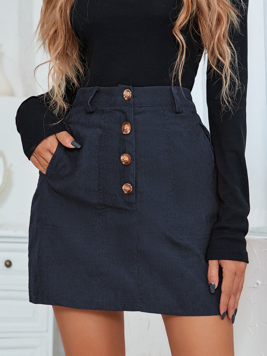 SHEIN LUNE Falda con botón con bolsillo oblicuo - Azul Marino - Ver 1