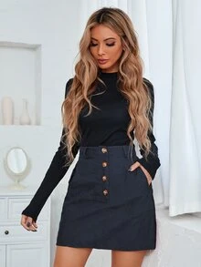 SHEIN LUNE Falda con botón con bolsillo oblicuo - Azul Marino - Ver 6