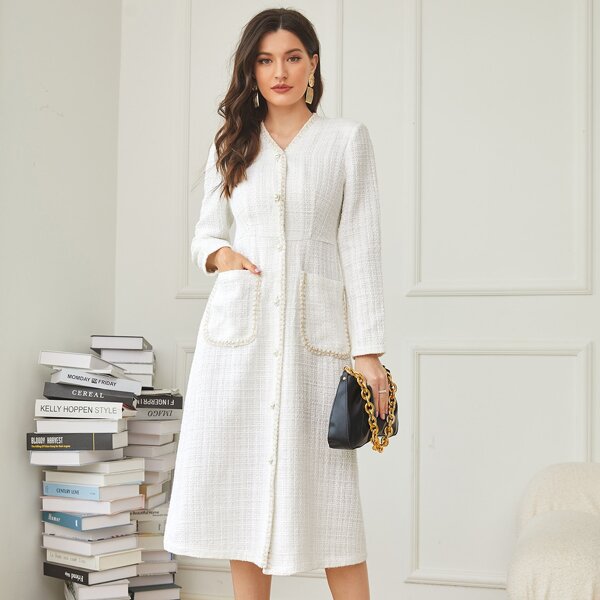 

Tape Detail Pearl Button Dual Pockets Overcoat, White