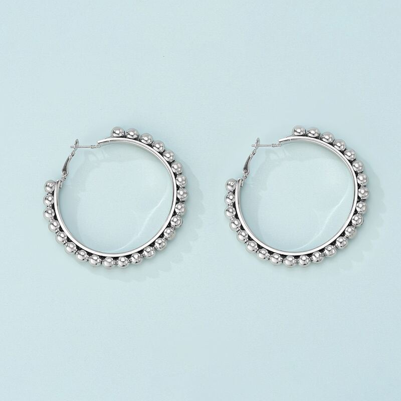 

Bead Decor Hoop Earrings, Silver