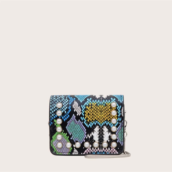 

Mini Snakeskin Faux Pearls Decor Chain Bag, Multicolor
