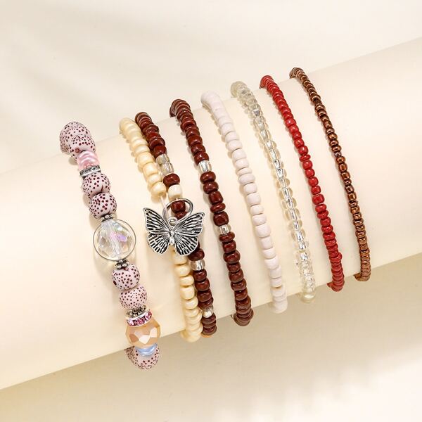 

7pcs Butterfly Charm Beaded Bracelet, Multicolor