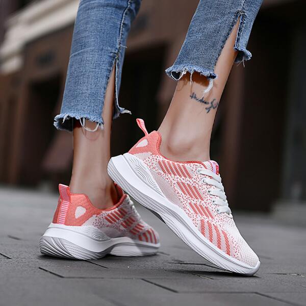 

Letter Patch Decor Striped Running Shoes, White