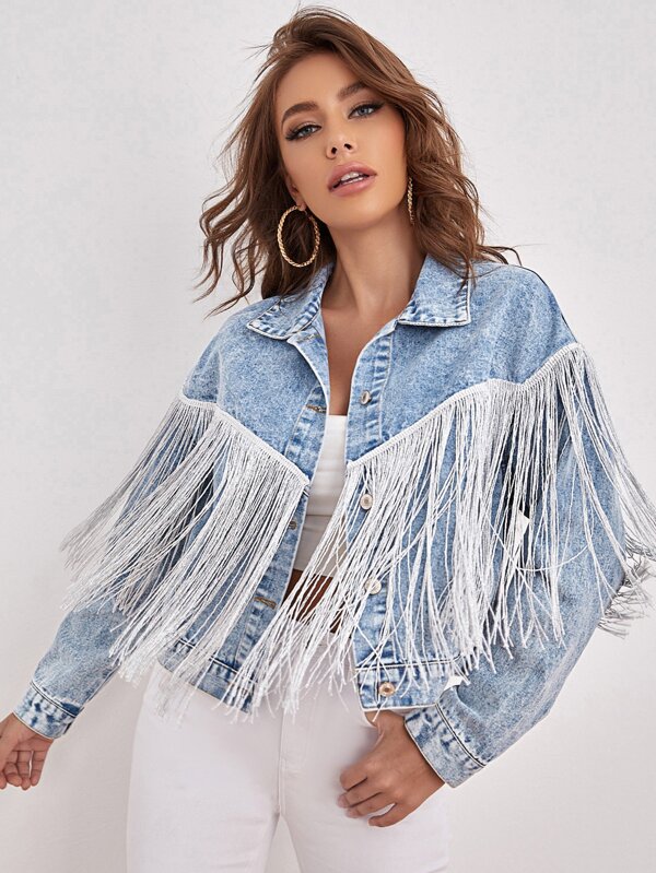SHEIN Essnce Drop Shoulder Fringe Trim Denim Jacket SHEIN USA
