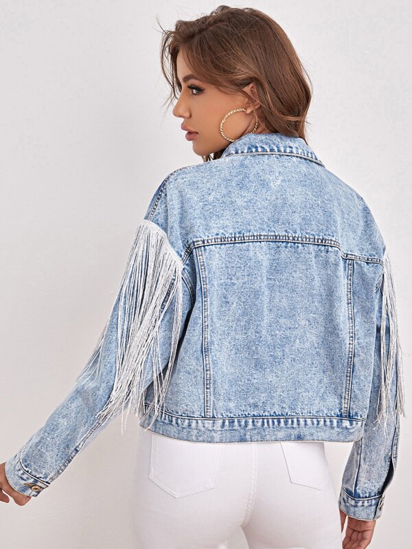 SHEIN Essnce Drop Shoulder Fringe Trim Denim Jacket SHEIN USA