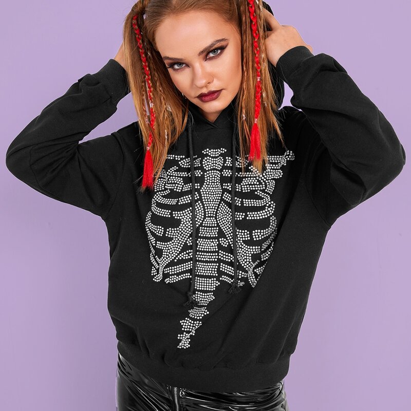 

Rhinestone Skeleton Drop Shoulder Hoodie, Black