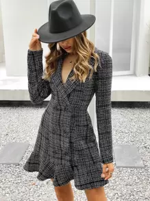 Chiquease Double Breasted Ruffle Hem Plaid Tweed Dress - Black and White - View 1