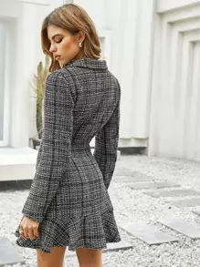 Chiquease Double Breasted Ruffle Hem Plaid Tweed Dress - Black and White - View 2