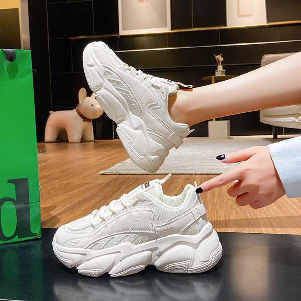 

Minimalist Lace-up Front Mesh Panel Chunky Sneakers, White