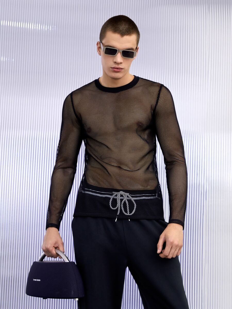 FeverCity Hombres Camiseta manga larga semi transparente de malla - Negro - Ver 1