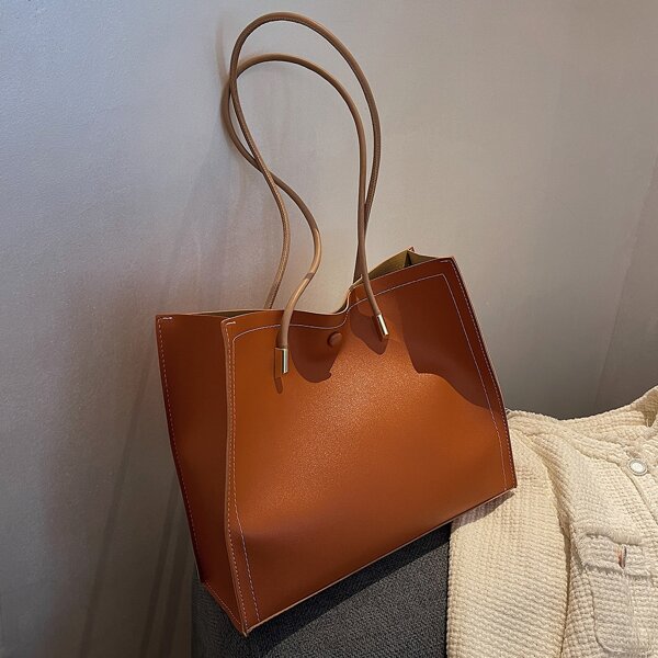 

Minimalist Shoulder Tote Bag With Inner Pouch, Rust brown